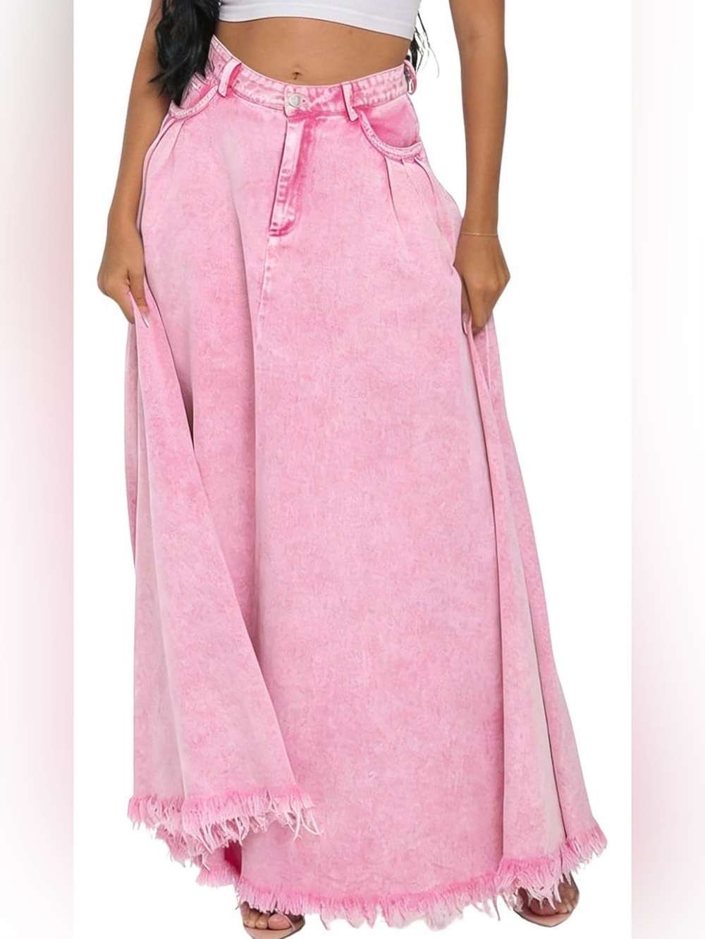 Women's Boho Distressed High Waist A-Line pink Maxi Denim Skirts NEW